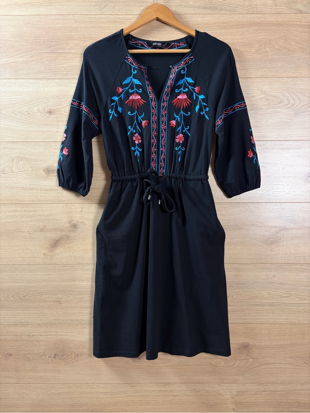 eShakti Cotton Embroidered Black Drawstring Waist Dress Size 4
